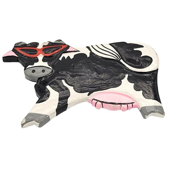 Unbranded Jewelry - Hand-Painted Wooden Cow Brooch Pin Glossy Black & White with Red Glasses 3"
